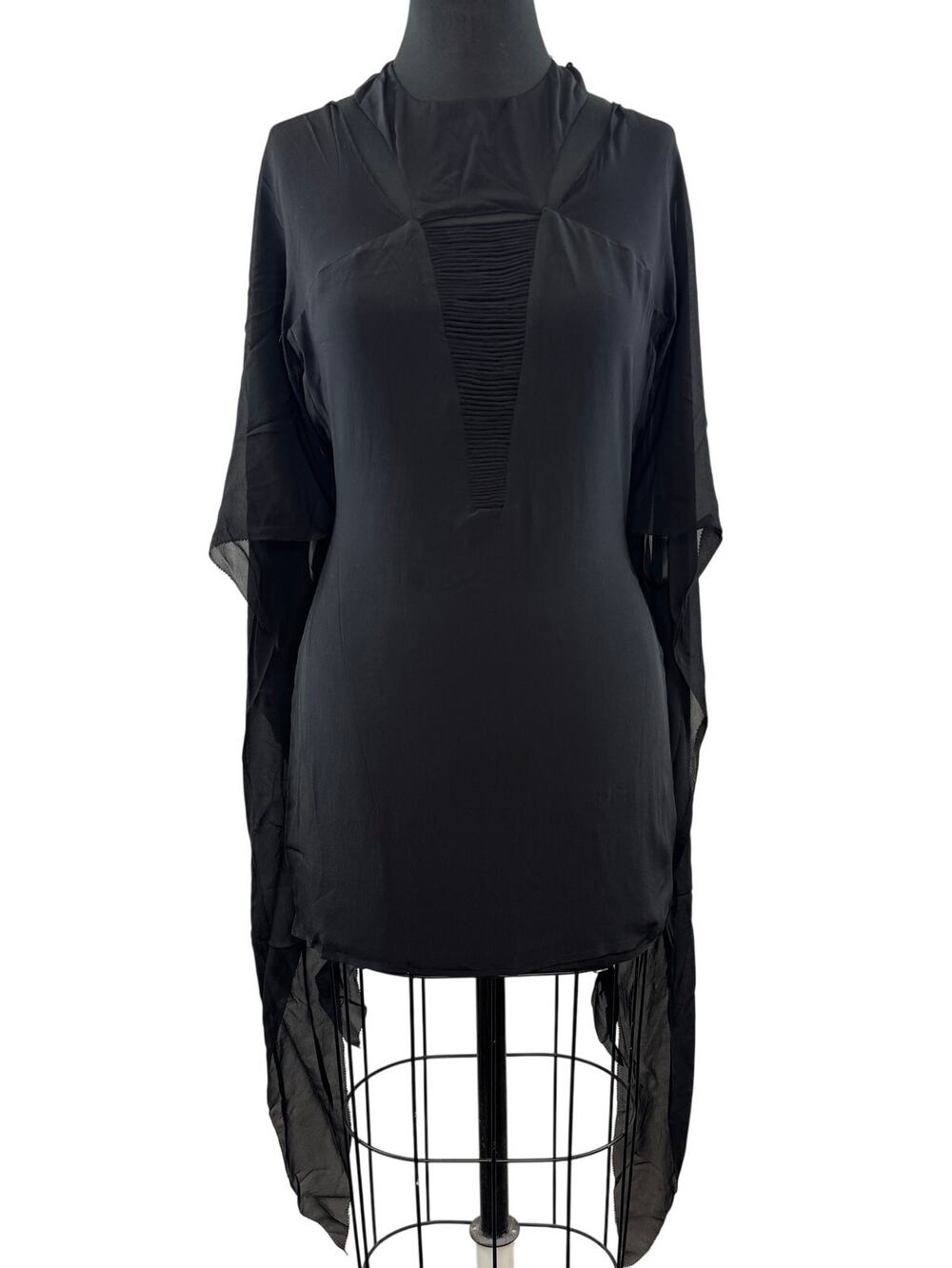 SHERI BODELL Silk High Neck Cage Mini Party Black Dress Drape Hi Lo XS NWT $395